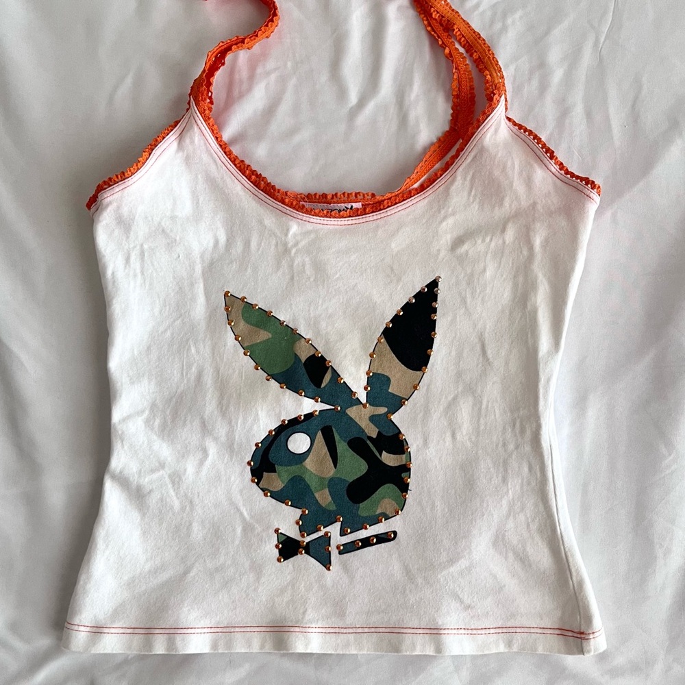 Rare Playboy Tank Top Camo Bunny Sequins Vintage Orange Lace Straps Y2K Small